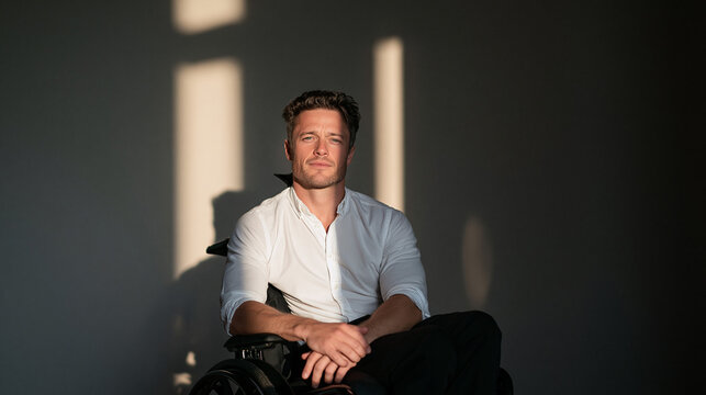 Thoughtful Man Sitting in Wheelchair with Dramatic Sunlight