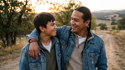 Fototapeta premium Intergenerational Connection: A father and son share a heartwarming moment on a country road, their gazes locked in a tender exchange.