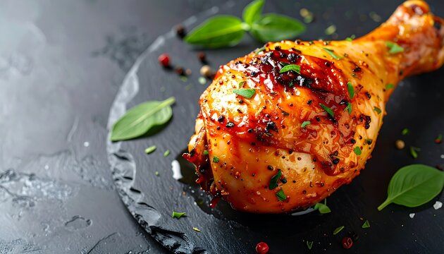 Horizontal image featuring crispy roasted chicken thighs and drumsticks seasoned with herbs and spices on a dark slate board. Ideal for restaurant menus, poultry recipes, hearty meal concepts, and cul