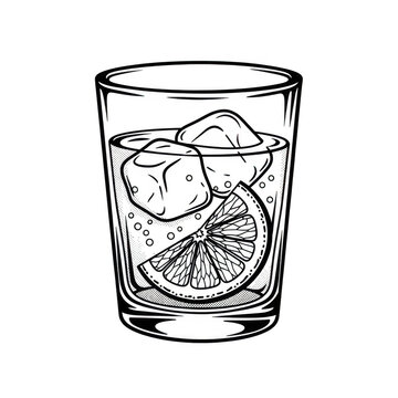 Black and white sketch of a refreshing drink with ice and lemon slice isolated on transparent background
