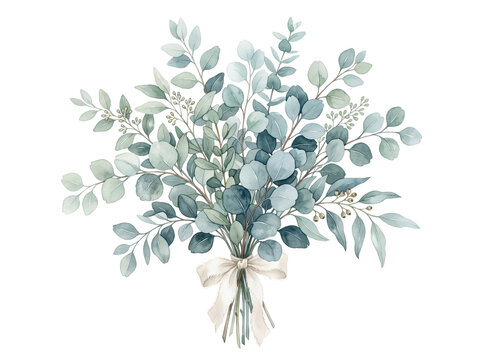 Watercolor bouquet of eucalyptus branches with decorative ribbon bow eucalyptus watercolor botanical greenery illustration artistic