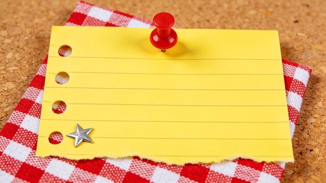 features a style of a torn, yellow lined paper with three holes on the left side, resembling a page from a notebook. The paper is pinned with a red pushpin at the top center, giving it a casual, bulle