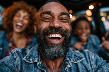 Fototapeta premium Joyful Selfie with Friends in Denim Jackets