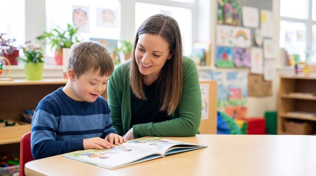 Boy with Down syndrome reading book with teacher in classroom