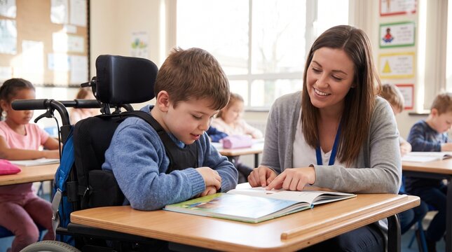 White boy in wheelchair reading with teacher in inclusive classroom