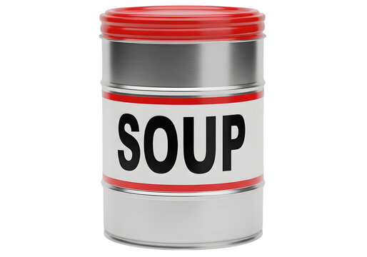 Red can with soup label on white shelf