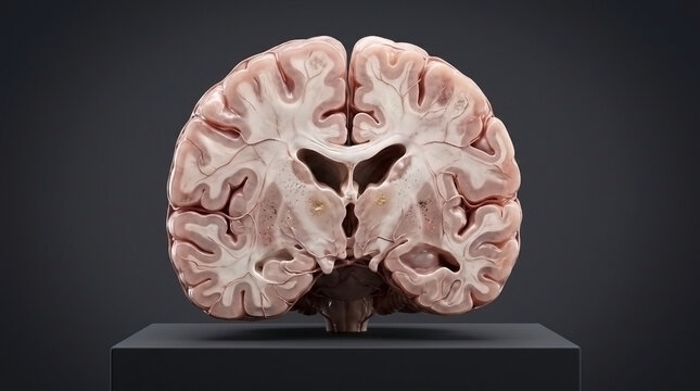 Cross section of a human brain showing hemispheres cortex and internal structures with cerebral