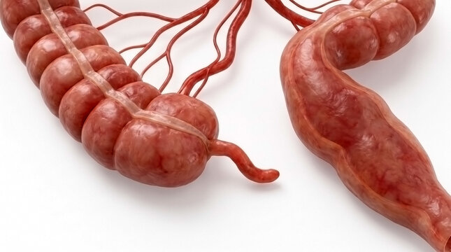 Detailed illustration of human intestinal tract and blood vessels with intestine, digestive