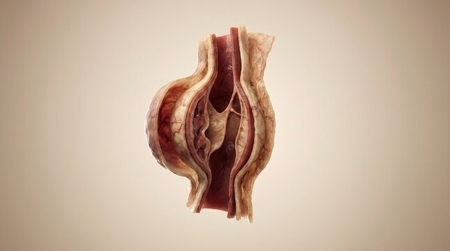 Medical illustration of artery aneurysm showing weakened vessel wall with aneurysm, pathology