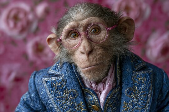 Chimpanzee with round glasses in blue jacket