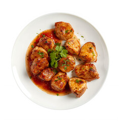 Fototapeta premium Delicious meatballs in tomato sauce on white plate cutout letter