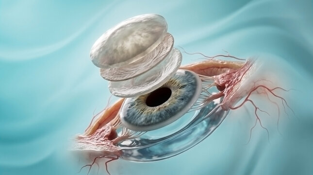 Human eye anatomy and lens implant medical illustration with ophthalmology, healthcare
