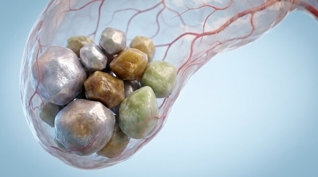Detailed medical rendering of human gallbladder filled with gallstones gallbladder gallstones