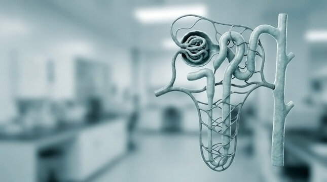 Microscopic view of a human kidney nephron structure for medical research with physiology