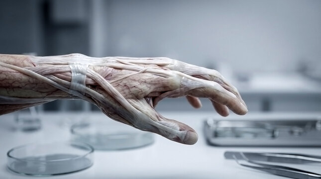 Anatomical human hand muscular and nerve system model with healthcare dissection laboratory