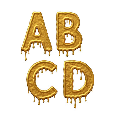 Dripping golden letters abcd on a shiny surface