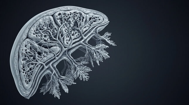 Detailed anatomical cross section of human liver tissue with vein network physiology internal