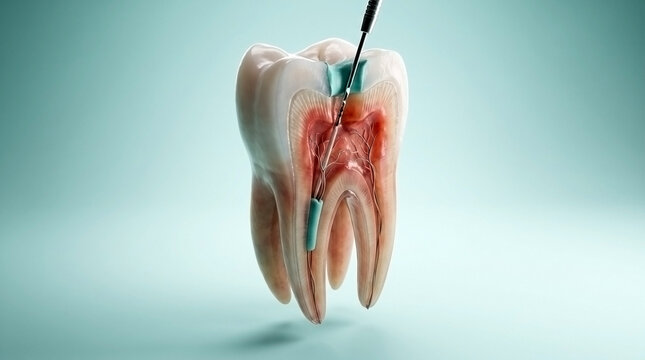 Medical illustration of a tooth undergoing root canal treatment showing internal pulp anatomy