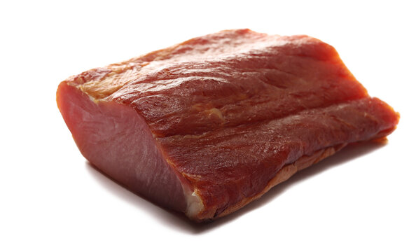 Traditional cured meat, smoked piece isolated on white background, side view