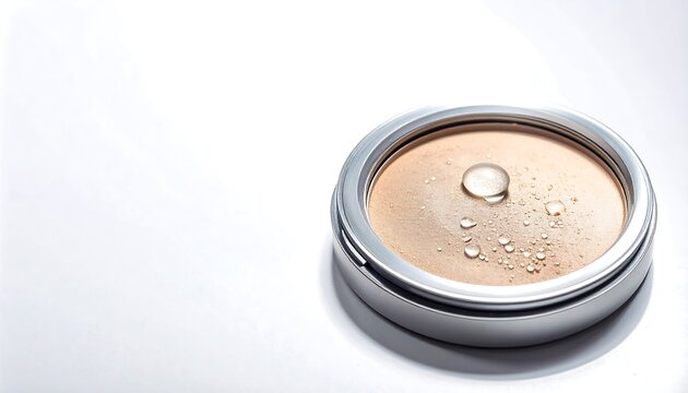 Horizontal image featuring an open compact case of beige pressed powder with water drops on the surface, set against a clean white background. Ideal for beauty product advertisements, cosmetics showca