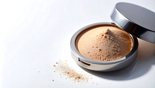 Horizontal image featuring an open compact case of beige pressed powder with water drops on the surface, set against a clean white background. Ideal for beauty product advertisements, cosmetics showca
