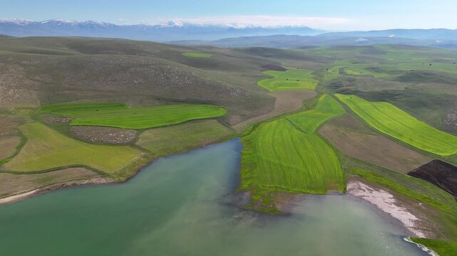 Aerial drone shot of green fields in Bayburt