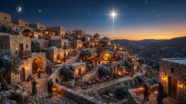 Nativity Scene in Ancient Bethlehem Village Under Starry Night Sky with Crescent Moon