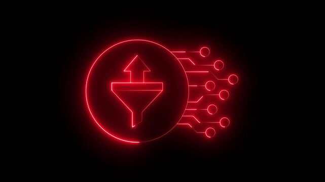 glowing neon data funnel icon with integrated digital circuit nodes on black background. representing automated information processing and systematic data filtering for modern business. 4k video.