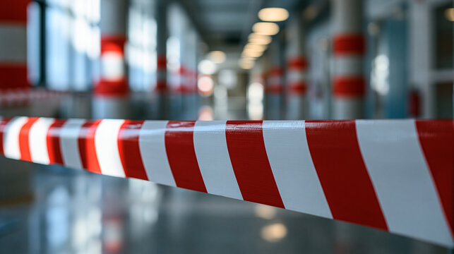 Red and white hazard tape blocks an indoor corridor. Concept for restricted access and safety warnings.