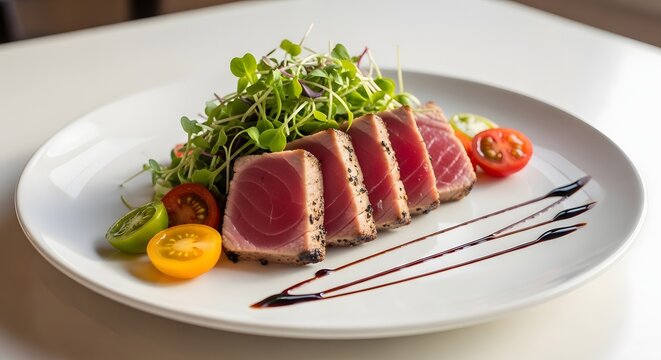A beautifully plated dish featuring perfectly seared ahi tuna slices arranged neatly alongside a vibrant mound of fresh microgreens and colorful halved cherry tomato garnishes.