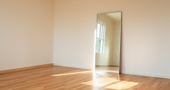  Light flooded minimalist space with wooden floor finish and a tall reflective mirror
