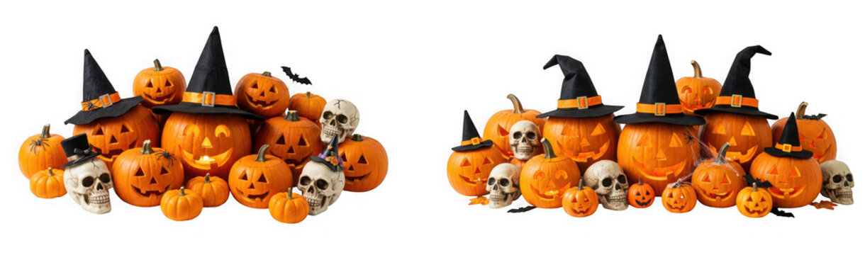 Two groups of halloween decorations with carved pumpkins, witch hats, and skulls isolated on transparent background