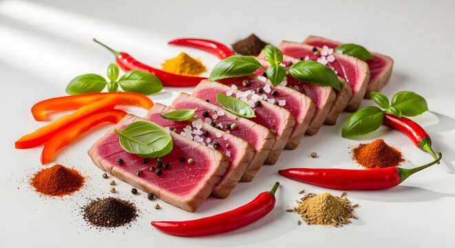 A beautifully plated row of seared ahi tuna steaks garnished with fresh green basil leaves, sea salt, peppercorns, vibrant red chili peppers, and aromatic colorful spices.