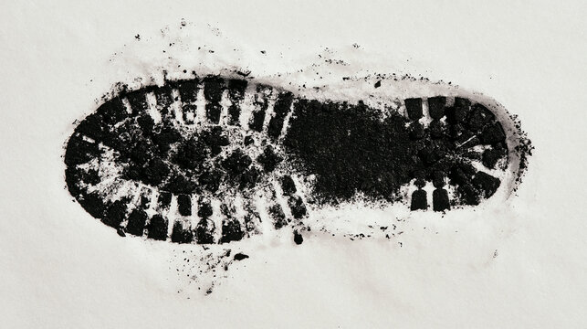A single boot footprint in fresh snow isolated on white background. Symbolizing a journey, walking, or criminal.