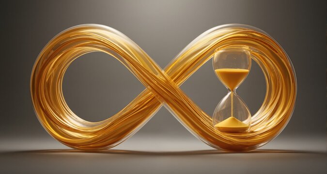 Hourglass shaped like an infinity symbol with flowing golden sand evoking time and continuity
