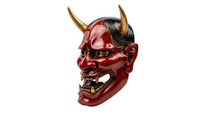 Side view of a traditional japanese red hannya mask with gold horns isolated on transparent background