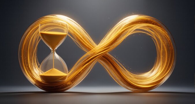 Hourglass shaped like an infinity symbol with flowing golden sand evoking time and continuity
