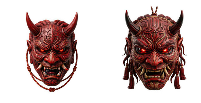 Detailed red japanese oni demon mask with glowing eyes and ornate carvings isolated on transparent background