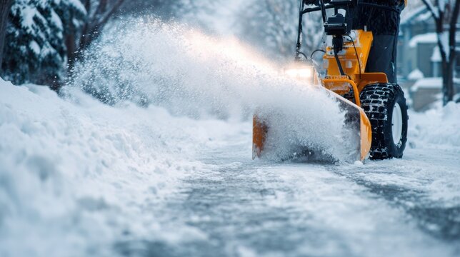 Medium shot of a snow blower in action clearing an icy path with the machine and snow spray crisply detailed against a blurred background