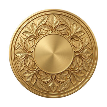 Gold circular ornament with floral pattern isolated on transparent background