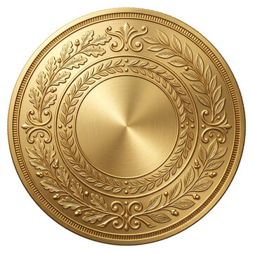 Gold medal with oak leaves and laurel wreath isolated on transparent background
