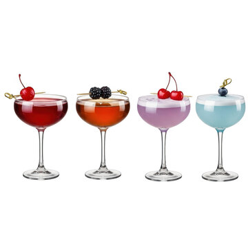 Four colorful cocktails garnished with fruit and berries isolated on transparent background