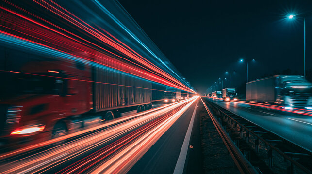 A freight truck drives on a highway at night with long exposure light trails. Symbolizes efficient global logistics.