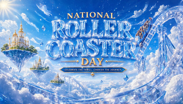 National roller coaster day concept art with ice crystal themed amusement park and ride