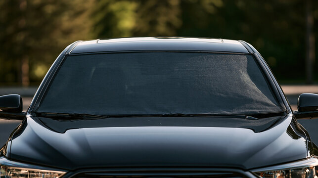 A black car windshield features a protective sun shade screen. This accessory prevents interior heat buildup during.