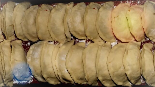 Seamless 4K looping vertical movement across neatly arranged uncooked dumplings with soft handmade texture. Perfect for food backgrounds cooking videos and culinary presentations.
