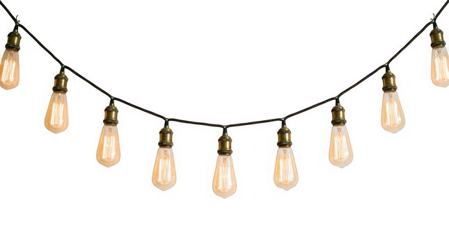 String of vintage edison style light bulbs hanging on a wire isolated on transparent background