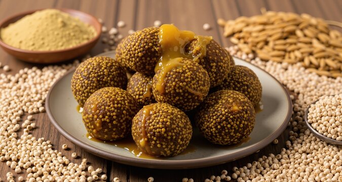 Healthy finger millet confections made with ghee and jaggery served with millet grains and powder
