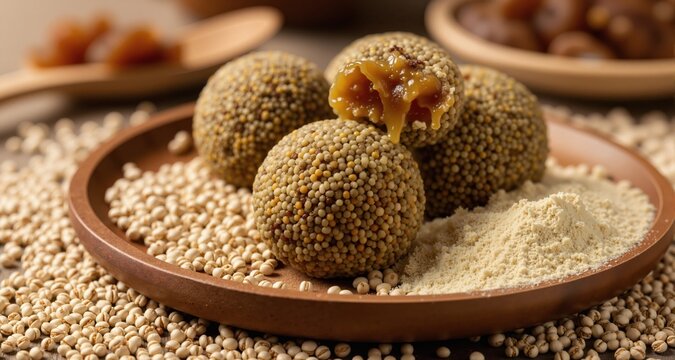 Healthy finger millet confections made with ghee and jaggery served with millet grains and powder
