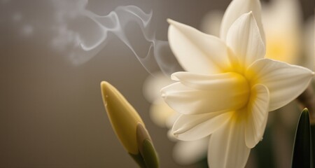 Fototapeta premium Smoke Close-up selective soft focus cream beige white, yellow Narcissus Flower bud, Petals. Natural art blur macro bbackground. 
